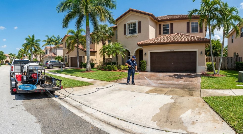 Pressure washing driveway at a Miami suburban home with a service truck parked nearby