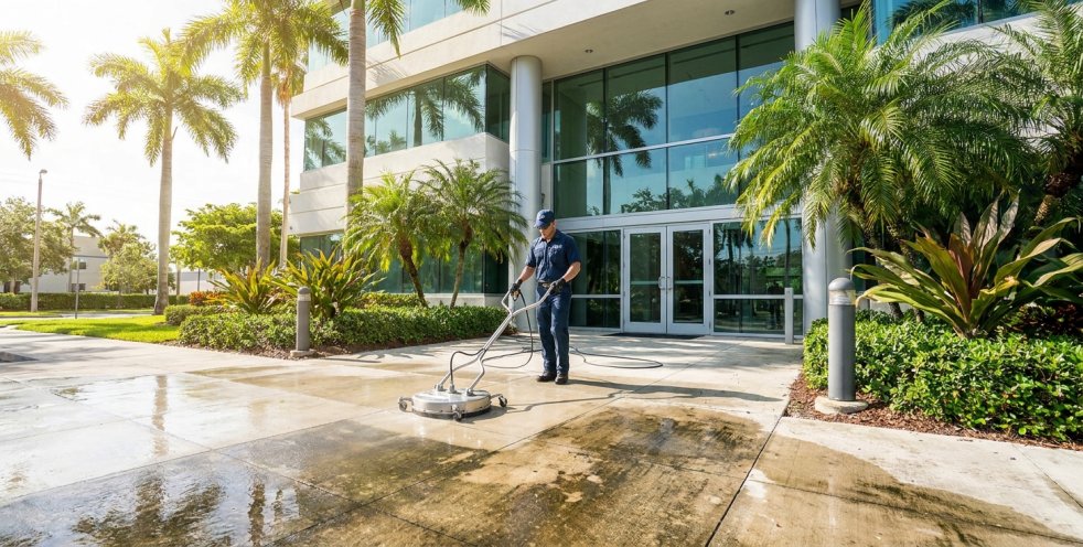 Pressure washing a commercial building entrance with concrete walkway and palm trees in Miami, Florida