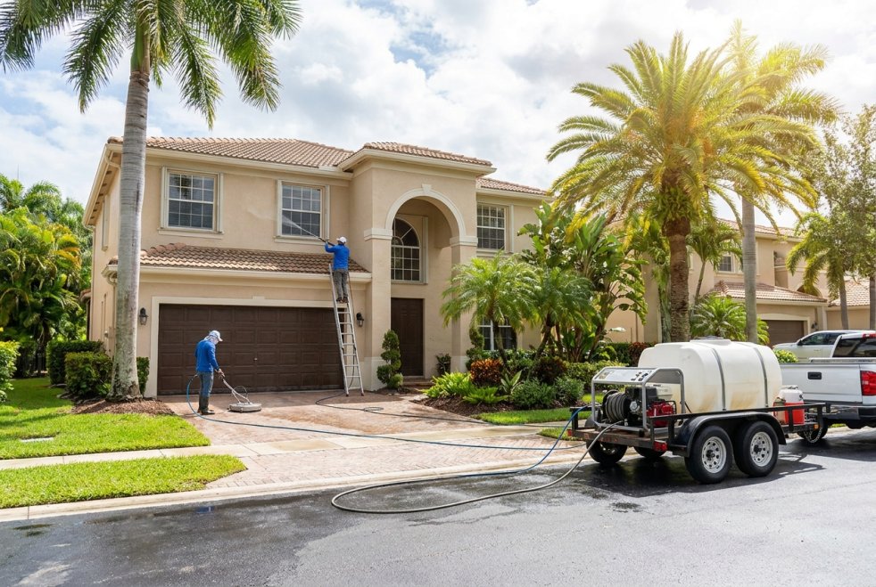 Pressure washing crew cleaning a Miami home driveway and roof with trailer-mounted equipment